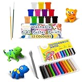 Creative Deco Knete Set und Fingerfarben Kinder Ungiftig | 12 Farben Plastilin + 12 Plakatfarbe je 20 ml + 2 Pinsel, 1 Spachtel | Glutenfrei, zum Modellieren | Lernspielzeug Kreativ