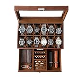 KILHS Uhrenbox für 12 Uhren, 2-stöckige Watch Box mit Glasdeckel & Schublade, Uhrenbox Herren mit Schlüsselschloss – Perfektes Männergeschenk für Ringe, Manschettenknöpfe & Uhren, Braun
