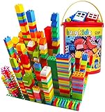 burgkidz Classic Große Bausteine Lernspielzeug in Starkem Plastikeimer, 214 Stück Bauklötze Hochbau Ziegel Bunte Spielzeug Spiel für Kleinkind Jungen Mädchen, Grundfarben