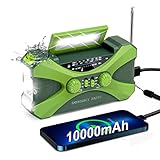 Kurbelradio 10000mAh Notfallradio mit Kurbel,Solar Radio FM/AM Solar Radio mit 3 Modi Taschenlampe, Leselampe,SOS Alarm,Wasserdicht für Camping, Reisen, Outdoor Grün