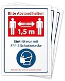 3 hochwertige Aufkleber Bitte Abstand halten 1,5 m und FFP-2 Mund- und Nasenschutz tragen, Hinweisschild zum Mindestabstand mit FFP-2 Maskenpflicht, Folie selbstklebend DIN A4 (210 x 297 mm)