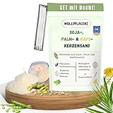 wollyflaushi Kerzensand 2kg Wachsmischung Set aus Soja-, Palm- & Rapswachs mit Docht – pflanzliche Kerzenwachs mit Naturduft, rußarmes Brennen & mehrfach verwendbares Kerzenwachsgranulat