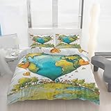 Kinder Cartoon Karte Bettwäsche 3 Teilig Herz Weltkarte Dorf Druck Bettbezug 240x220 + 2 Kissenbezüge 80x80 Mikrofaser Reißverschluss Wendebettwäsche Weich Atmungsaktiv Bettwäsche Sets Ay151