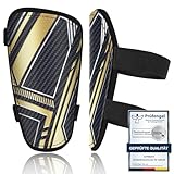 Prüfengel Zertifizierte Schienbeinschoner für Kinder Fußball - 2 Verstellbare Klettverschlüsse, Schwarz Gold mit Hautfreundlichem Samttuch