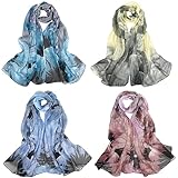 Firtink 4 Stück Damen Chiffon Schal, Weiche Blumen Schal Tücher Stola Tuch, Seidiges Kopftuch Halstücher Seidentuch Schals, Elegante Leicht Seidenschal Schals für Frauen, 150 x 50 cm