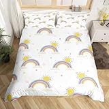 Mädchen-Bettwäsche-Set, 135 x 200 cm, Motiv: Regenbögen, Sonnenschein, dekorativ, wendbar, Mikrofaser, Polyester, Streifen, weiß, Bettdeckenbezug für Kinderbett, mit 1 Kissenbezügen, 2-teiliger