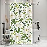 Bovlleetd Frühling Duschvorhang Weiß Floral Grün Blätter Duschvorhänge für Badezimmer Rustic Duschvorhang Rustic Duschvorhang mit Haken Polyester Wasserdicht 180x200cm