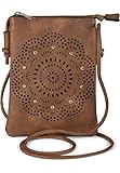 styleBREAKER Damen Mini Bag Umhängetasche mit Blumen Lasercut Cutout Muster und Strass, Schultertasche, Handtasche 02012367, Farbe:Schokobraun