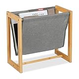 Relaxdays Zeitschriftenhalter, Bambus & Stoff, HBT: 37 x 39,5 x 21 cm, A4, Magazinhalter, Zeitungshalter, natur/grau