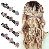 4 Stück Glitzernde Kristall-Stein Geflochtene Haarspangen, Haarklammern mit Drei Blumen, Fransenklammern, Kolibri Haarspange mit Kristallblume,Elegante Haarstyling Clips Glänzende Strass-Haarspange