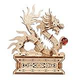 Ugears Wood Dragon 3D Puzzle - 3D Holzpuzzle Erwachsene Chinesischer Drache Modellbausatz Erwachsene - Glücksbringer Bauset mit Geheimfach und Perle Modellbau Holz - Geburtstagsgeschenk - 141 Teile