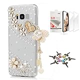 STENES Schutzhülle für Samsung Galaxy S8, handgefertigt, 3D-Optik, glitzernde Herz-Perlen-Anhänger, Blumen, Blumen-Design, kompatibel mit Samsung Galaxy S8, mit Displayschutzfolie, 2 Stück, Gold