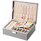 JOYUE Schmuckkästchen Damen 2 Schicht PU-Leder Aufbewahrungskoffer Schmuck Organizers Mädchen Reise Aufbewahrungsbox mit Schlüssel, Schmuckaufbewahrung für Ringe Ohrringe Armbänder Halskette (Grau)