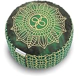 Yoga Laden Meditationskissen Rund - Classic Chakra Style - 15cm Hoch - Yoga Sitzkissen mit waschbarem Bezug aus 100% Baumwolle - Bequemes Yogakissen mit Bio Buchweizenschalen Fullung (Grün)