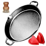 Grillpfanne Pre-seasoned Pfanne Gusseisen 35CM paella pfanne Gusseisenpfanne Gusspfanne grillpfanne mit zwei Griffe für Gasgrill,Induktion,Backöfen,Grills -1 PC Bürste 2 PC teilige Silikongriffe