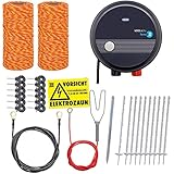 VOSS.farming Hundezaun Komplettset 50m Elektrozaun, ideal für Einzäunungen in Ihrem Garten, mit umfangreichem Zubehör, anschlussfertig mit 200m orangener Weidezaunlitze, 10 weiße Pfähle 105cm