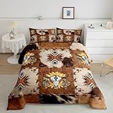 Erosebridal Boho-Western-Bettwäsche-Set, Azteken-Kuhdruck, Bettdecken-Set, King-Size-Bett, rustikale Sonnenblume, Stier, Totenkopf, Rindsleder, Daunendecke, Bauernhof, Tier, Steppdecke, Bettbezug,