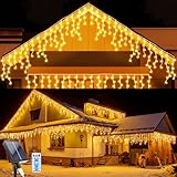 Solar Lichterkette Aussen, 8M Wasserdichte Vorhang Lichter 8 Modes 264 LEDs Eiszapfen Lichter 44 Pcs String Lichter mit Fernbedienung für Hof Garten Hochzeit Party Hausdach Weihnachtsdekoration