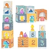 BELEEV Holzspielzeug ab 1 Jahr, Montessori Spielzeug, Baby Frühes Pädagogisches 12 Stück Dinosaurierspielzeugblöcke, Zahlenverschachtelung & Stapelboxen