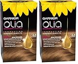 Garnier Olia 6.3 Karamellbraun Dauerhafte Haarfarbe ohne Ammoniak mit pflegenden, natürlichen Ölen, Vollständige Grauhaarabdeckung, Permanente Coloration, 1 Stück (Packung mit 2)