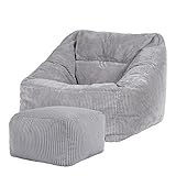 Icon Morgan Sitzsack Sessel mit Hocker, Grau, Cord Sessel, Sitzsack Erwachsene mit Füllung, Lounge Sessel, Sessel Wohnzimmer, Sessel Schlafzimmer