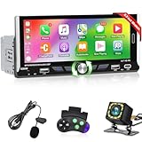 NHOPEEW 1 Din Autoradio mit 6,9 Zoll Touchscreen - Drahtlos Carplay und Android Auto Radio Unterstützung Mirror Link Lenkradsteuerung EQ FM USB Port + 12Led Rückfahrkamera