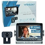 VSG24 7“ Funk Rückfahrsystem Premium PRO HD für Wohnmobil, Pferdeanhänger PKW, KFZ Set kabellos, Rückfahrkamera + Monitor, Nummernschild Kamera Nachrüsten 12V-24V, digital, Auto Rückspiegel