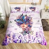 Violettes Schmetterlingsmädchen-Bettwäsche-Set, Queen-Size-Größe, inspirierende Zitate, Bettwäsche-Set, 3-teilig, für Kinder, Teenager, Frauen, Erwachsene, Raumdekoration, Lavendelblume,