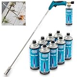 TOM Gas Unkrautbrenner Set + 4 x 330 g Universal Gasflasche mit Schraubgewinde 600 ml – Abflämmgerät ideal zur Unkrautvernichtung auf Pflastersteinen, Gehwege, Pflasterfugen