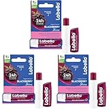 Labello Blackberry Shine Lippenpflegestift, Lippenpflege mit zartrotem Glanz für 24h Feuchtigkeit, pflegender Lippenbalsam mit Sheabutter und Brombeeraroma (4,8 g) (Packung mit 3)