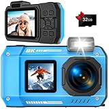Unterwasserkamera, 8K UHD Robust Wasserdicht Staubdicht Stoßfest Digitalkamera mit 32GB Karte 70MP Autofocus Selfie mit Zwei Bildschirmen 33FT Unterwasserkamera für Schnorcheln Blau