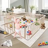 Laufstall Baby Playpen 152x152x60 cm, Laufstall Baby Holz Faltbar Verstellbare Multi-Shape, Laufgitter Babys Sicherheitsspielplatz Schutzgitter für Kinder mit Kindersicheres Schloss & Tor