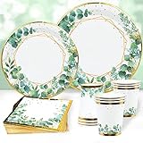 Grün Partygeschirr Set,96Pcs Green Gold Baby Shower Pappteller,Olive Grün Einwegteller Set mit Pappteller Becher Servietten für Geburtstagsparty Dekoration,Babyparty,Jungle Safari Party,Boho Hochzeit