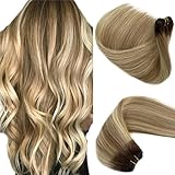 Benafee Haarverlängerung, handgebunden, Echthaar, 35,6 cm, zum Annähen, Echthaar, Ombre Balayage, Aschbraun zu Blond, Beige, Mix Blond, Platinblond