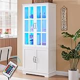 LUXOAK Glasvitrine mit LED Beleuchtung & Retro-Griffen, Vitrinenschrank weiß 180 cm hoch, mit 4 Türen & 5 Einlegeböden, modern für Wohnzimmer & Küche