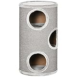 PawHut Kratztonne, Höhe 70 cm, Spieltonne für Katzen, 3 Ebenen, Katzenkratzbaum mit 3 Höhlen, Katzenbaum, Kratzturm aus Sisal, Katzenmöbel, Plüsch, Grau
