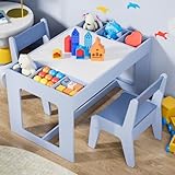 Clevich Kindersitzgruppe mit Stauraum, Kindertisch mit 2 Stühlen, Kinder Tisch Stuhl Set mit wendbarer Tischplatte, Packung mit 2 Stühlen, Kinderschreibtisch für Kindertagesstätte, ab 3 Jahren, Blau
