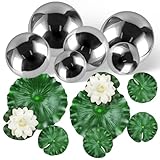 Klein Schwimmkugeln für Miniteich Schwimmkugeln Miniteich Deko 12er Set mit 6 Edelstahl Teichkugeln Schwimmend 2 Künstliche Seerosen 6 Schwimmend Lotusblätter für Garten Teiche Deko Terrasse