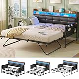 AOGLLATI Ausziehbares Schlafsofa 90/180×200 cm, Tagesbett mit Steckdosen & LED-Beleuchtung, Polsterbett mit Ausziehbares Rollbett & Stauraum Kopfteil，Funktionsbett/Bettsofa, PU,Schwarz (ohne Matratze)