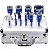 Diamant Fliesenbohrer Set 10 Stücke - 6/6/8/25/35/50/68mm x M14 Bohrkronen, 10mm Fingerfräser, 50mm Fasenfräser, Adapter für Fliesen Keramik Porzellan Marmor Granit