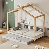 HAINEW Kinderbett Hausbett 90 x 200cm mit 90 × 190cm Ausziehbares Bett und 4 Fächern Regale, Einzelbett Holzbett Kieferrahmen mit Lattenrost für Kinder oder Jugendliche, Ohne Matratze, Weiß+Natu