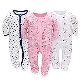 Schlafstrampler Baby Junge Maedchen 3er Unisex Pyjamas Baumwolle Strampler Jumpsuits Langarm Spieler Babykleidung mit 0-6 Monate