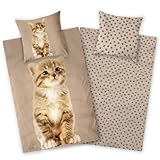 Aminata kids - Katzen Bettwäsche 135x200 Biber Winter - Katzenmotiv - Kinder-Bettwäsche warm - weich - kuschelig - braun mit Pfoten