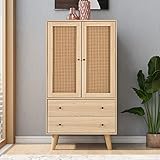 Merax Kommode mit 2 große Schubladen und 2 Türen, Badezimmerschrank aus Holz mit Rattan Türen, Highboard Küchenschrank Bücherschrank, für Schlafzimmer & Wohnräume & Büro, Offwhite, 60 x 40 x 120 cm