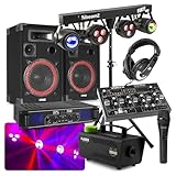 MAX DJ Set Komplett - 700 W Lautsprecher Musikanlage, HiFi Verstärker mit Karaoke Mikrofon, Vonyx 8 Kanal DJ Mischpult Bluetooth, 500 W Nebelmaschine Mini, DJ Lichtanlage Lichtorgel mit RGBW-Licht