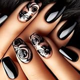 Cosmeria 24 Stück Schwarze Rosen Press On Nägel Mittlere Länge Glänzend Acryl Künstliche Nägel Mit Gel Kleber Für Frauen Mädchen