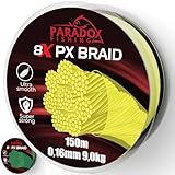 Paradox Fishing 8X PX geflochtene Angelschnur I Chartreuse gelb 150M - 0,16mm - 9,0kg – Angelschnur geflochten- eng geflochten – perfekt zum Spinnfischen