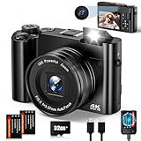 Digitalkamera 4K Fotokamera Autofocus Digitalkamera mit Dual-Kameras, 16X Zoom, Anti-Shake, 64MP Kompaktkamera mit 32GB Karte, 2 Akkus, Blitz für Jugendliche, Einsteige (Schwarz)
