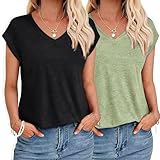 YUTILA 2er Pack Tshirt Damen Sommer Casual Basic Shirt Einfarbig Kurzarm Tee Tops Oberteile V Ausschnitt Locker Lässig T Shirt