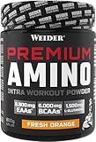 WEIDER Premium Amino Intra Workout Drink mit EAA/ BCAA Aminosäure Komplex hochdosiert, mit L-Glutamin, Elektrolyten und Dextrin für mehr Energie beim Training, Fresh Orange, 800g